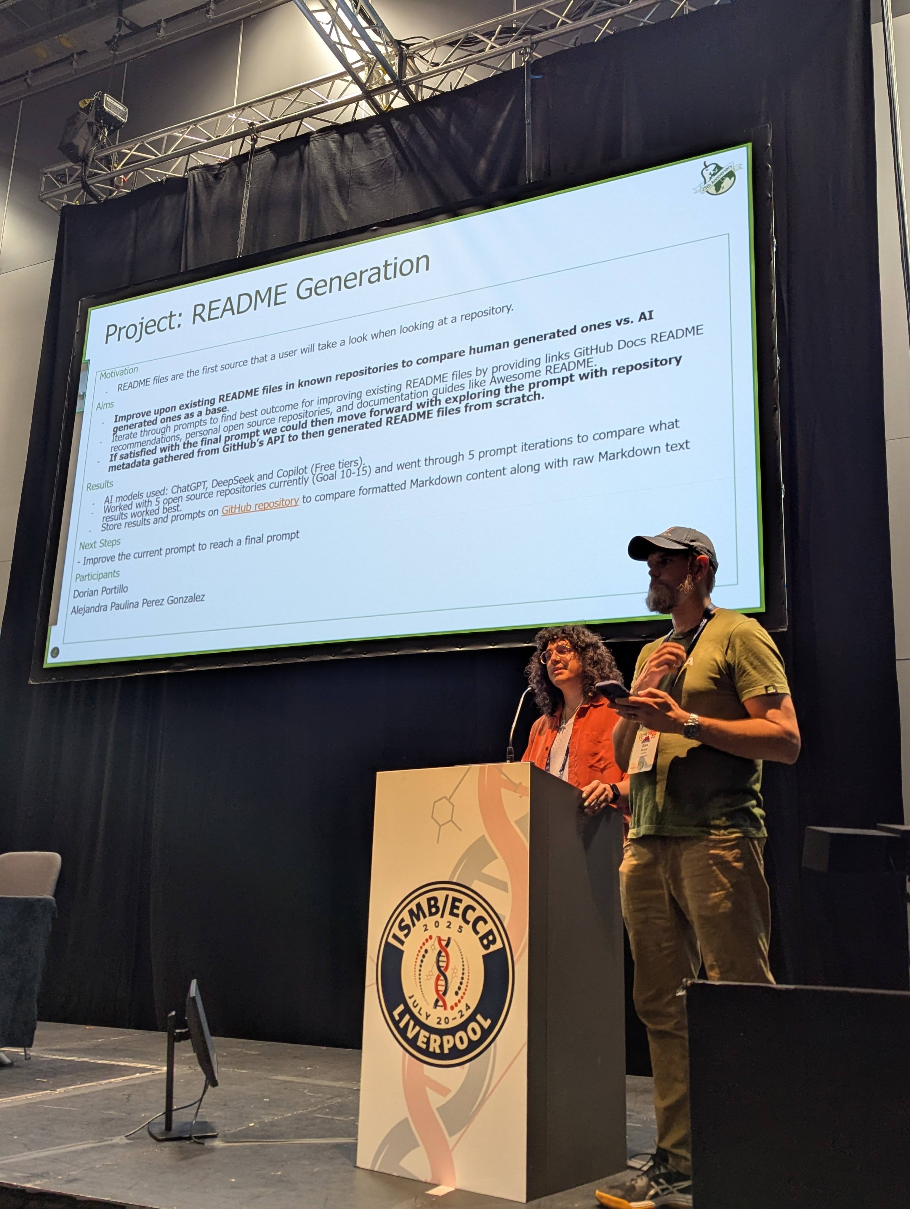 Dorian presenting day one results of the README Generation study.